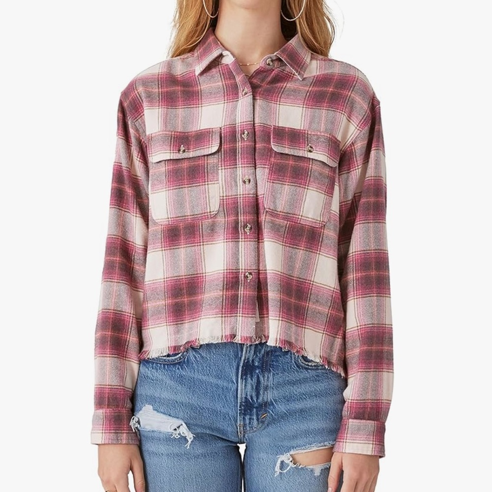 Lucky Brand Raw Edge Plaid Cropped Button Down Shirt - Pink & Cream - Large
